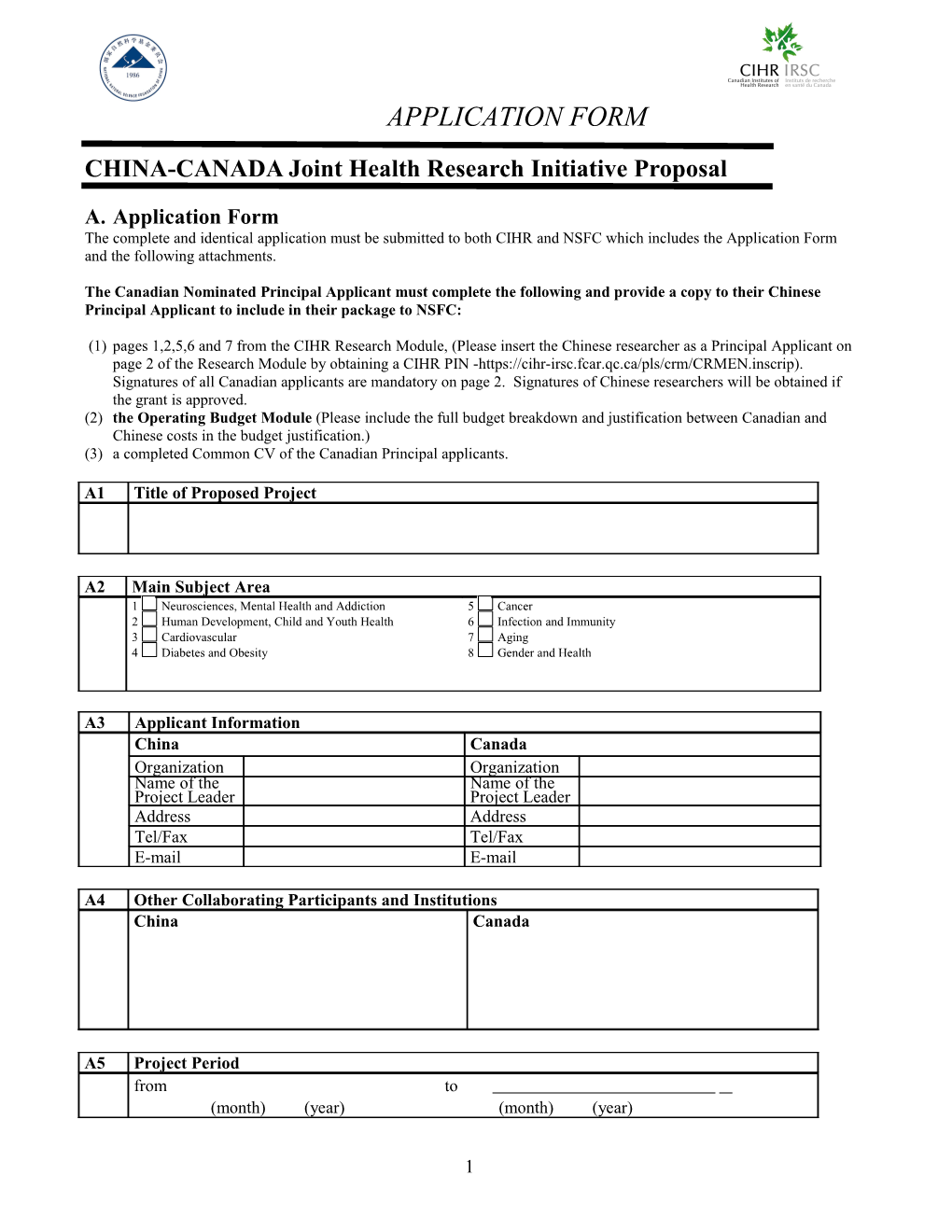 CHINA-CANADA Joint Health Researchinitiative Proposal