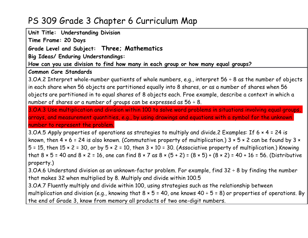 PS 309 Grade 3 Chapter 6 Curriculum Map