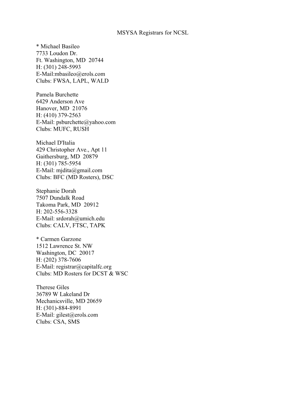 MSYSA Registrars for NCSL