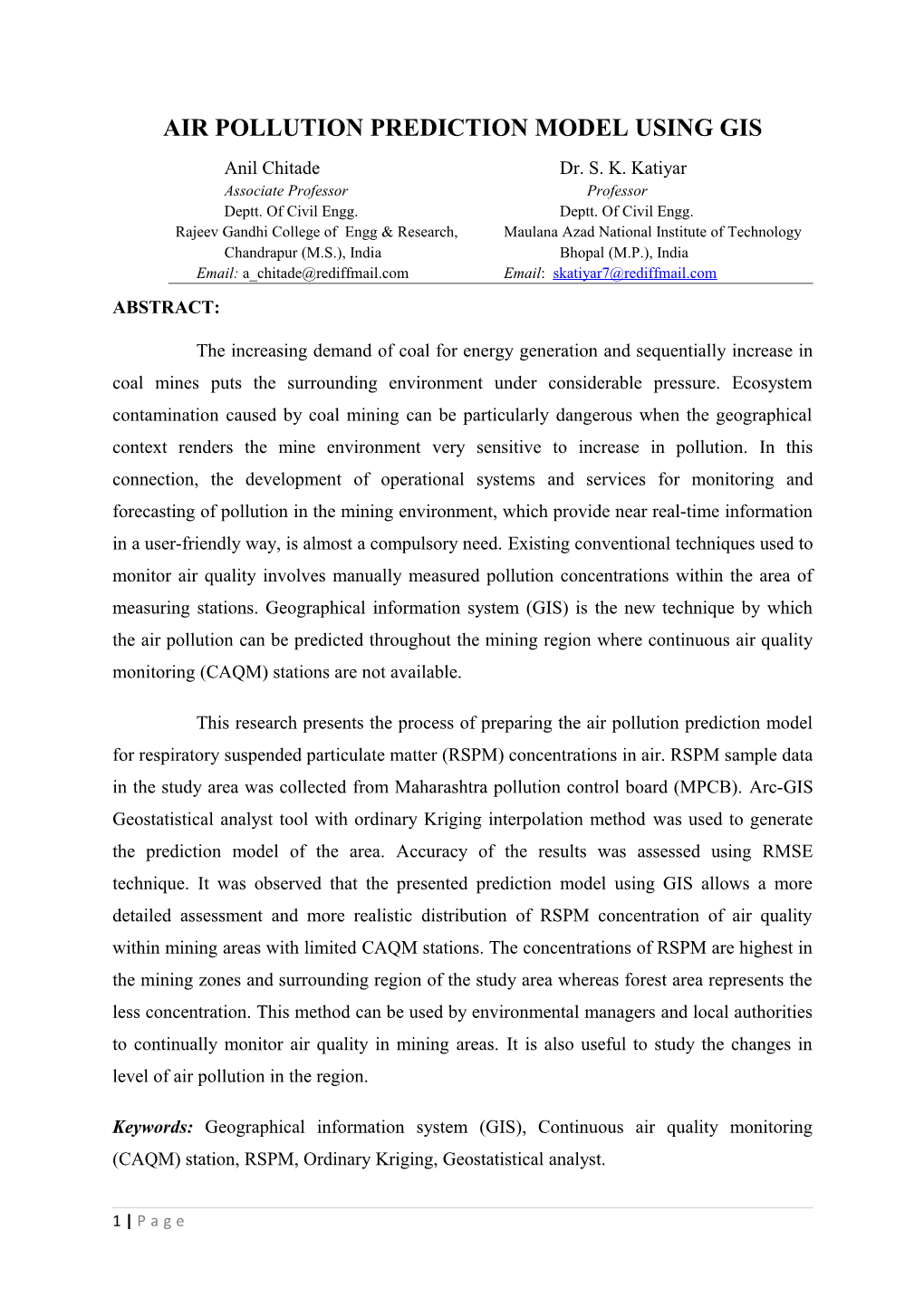 Air Pollution Prediction Model Using Gis