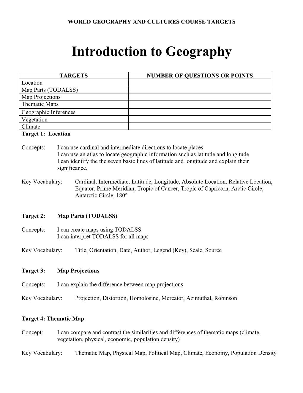 World Geography and Cultures Course Targets