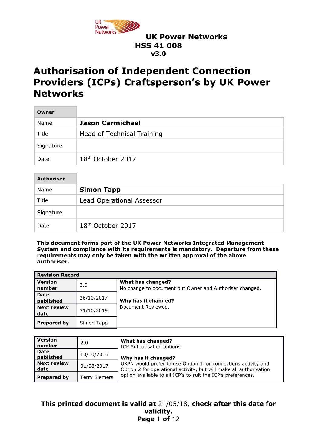 HSS 41 008 Authorisation of Independent Connection Providers (Icps) Craftsperson S by UK
