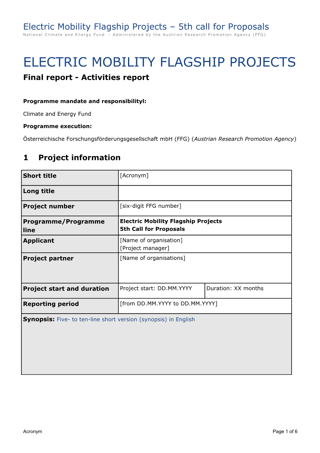 Electric Mobility Flagship Projects 5Thcall for Proposals