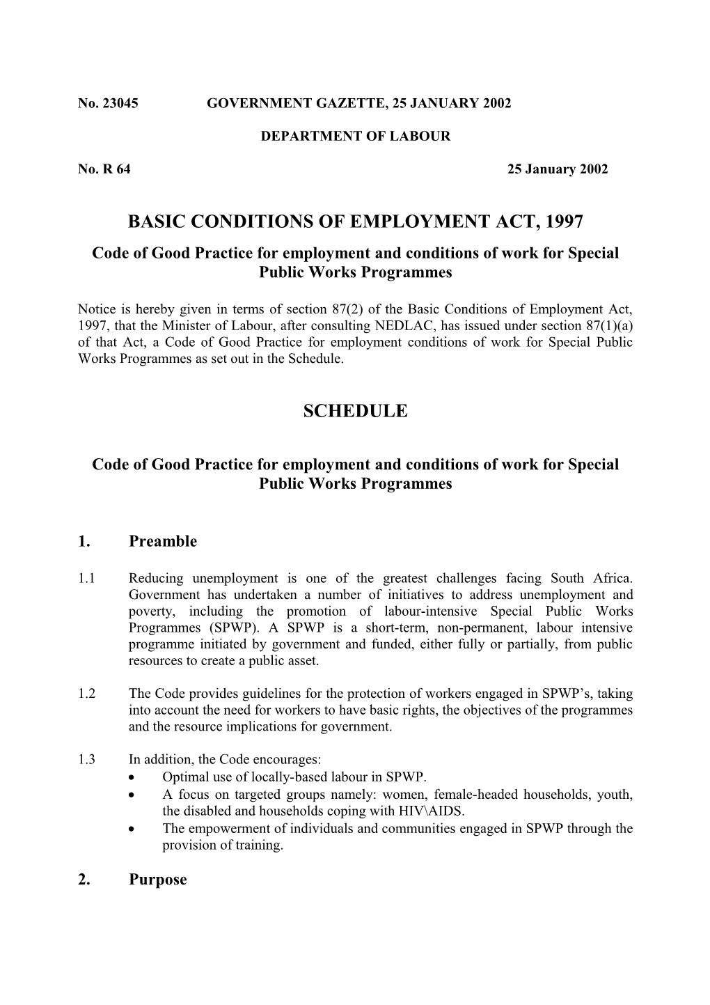 Code of Good Practice and Conditions of Employment and Remuneration on Public Works Programmes