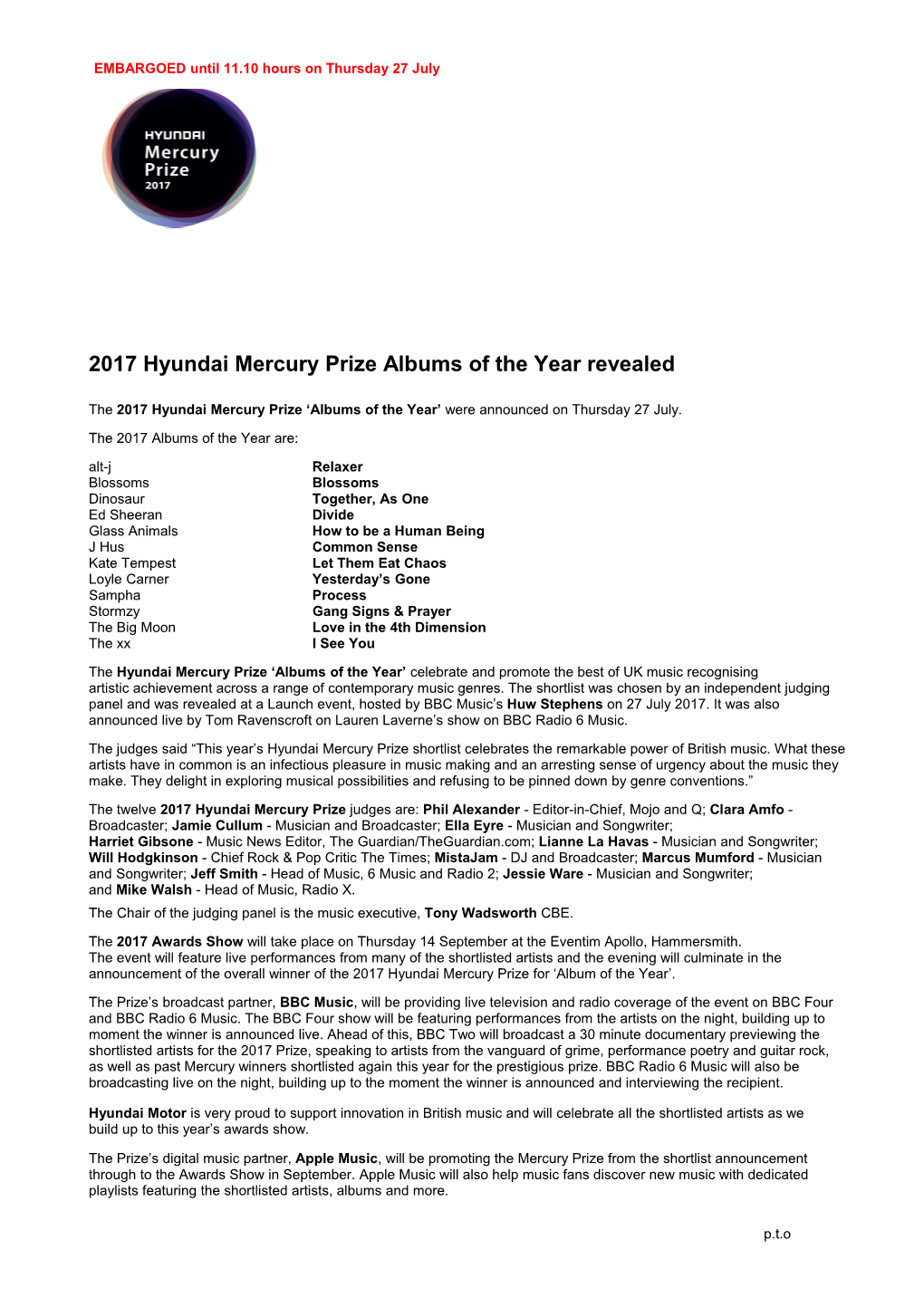 2017 Hyundai Mercury Prize Albums of the Year Revealed