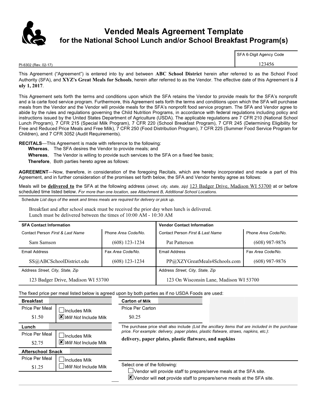 PI-6302Agreement Between ABC School District and XYZ's Great Meals for Schoolspage 1 of 3