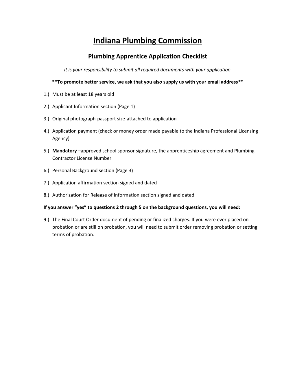 Plumbing Apprentice Application Checklist