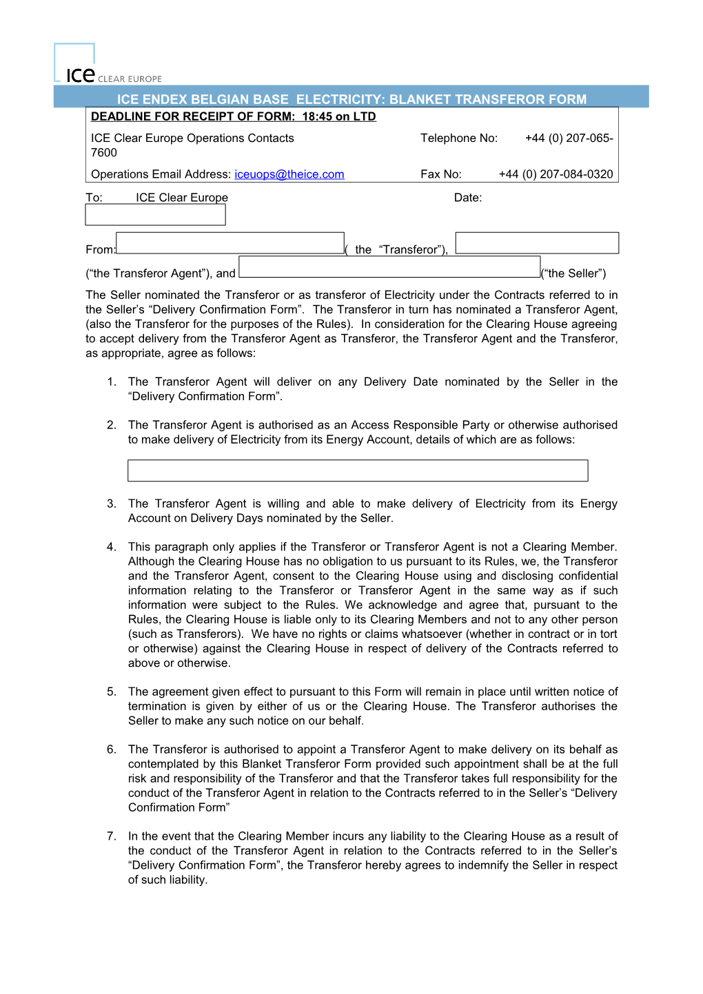 ICE ENDEX BELGIAN BASE Electricity: BLANKET Transferor Form