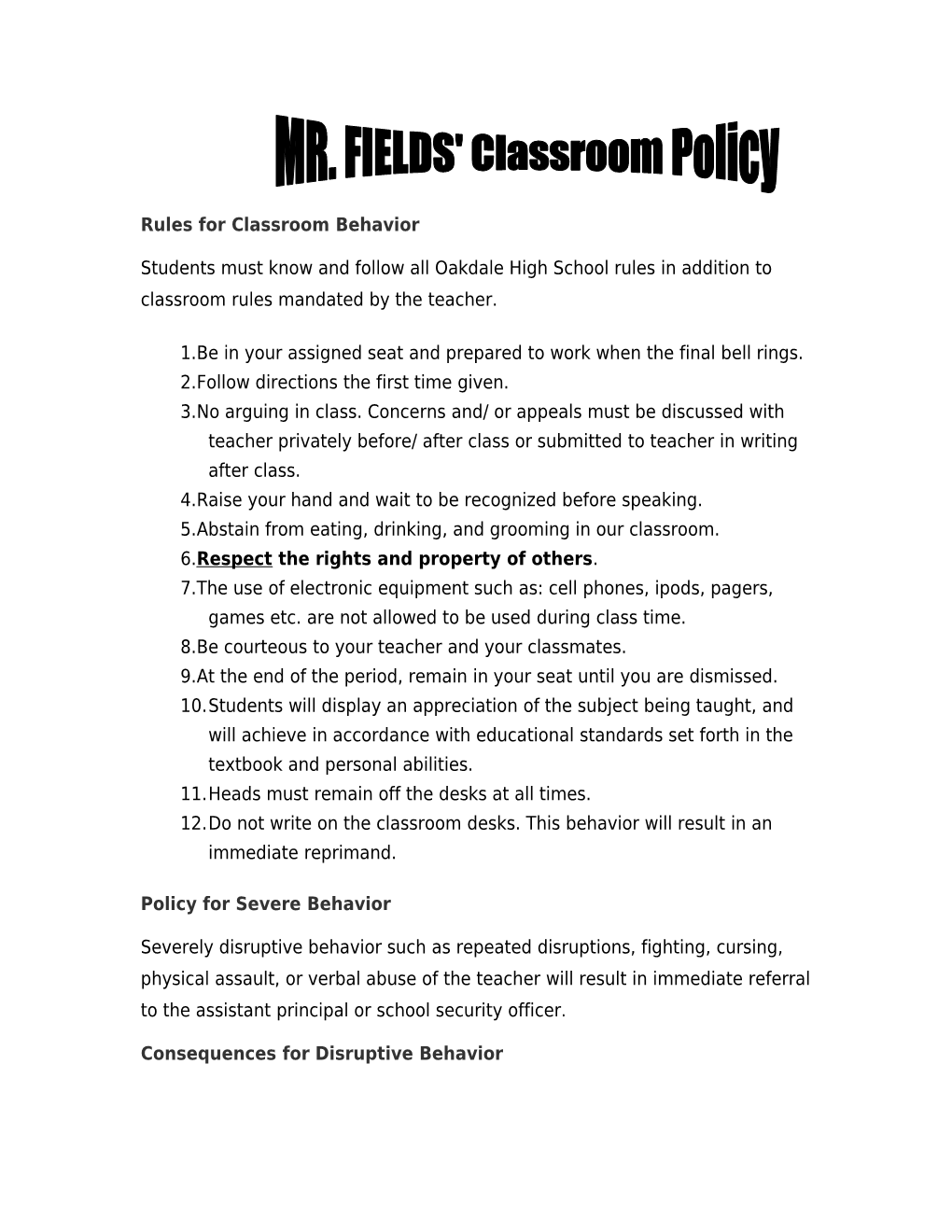 Rules for Classroom Behavior