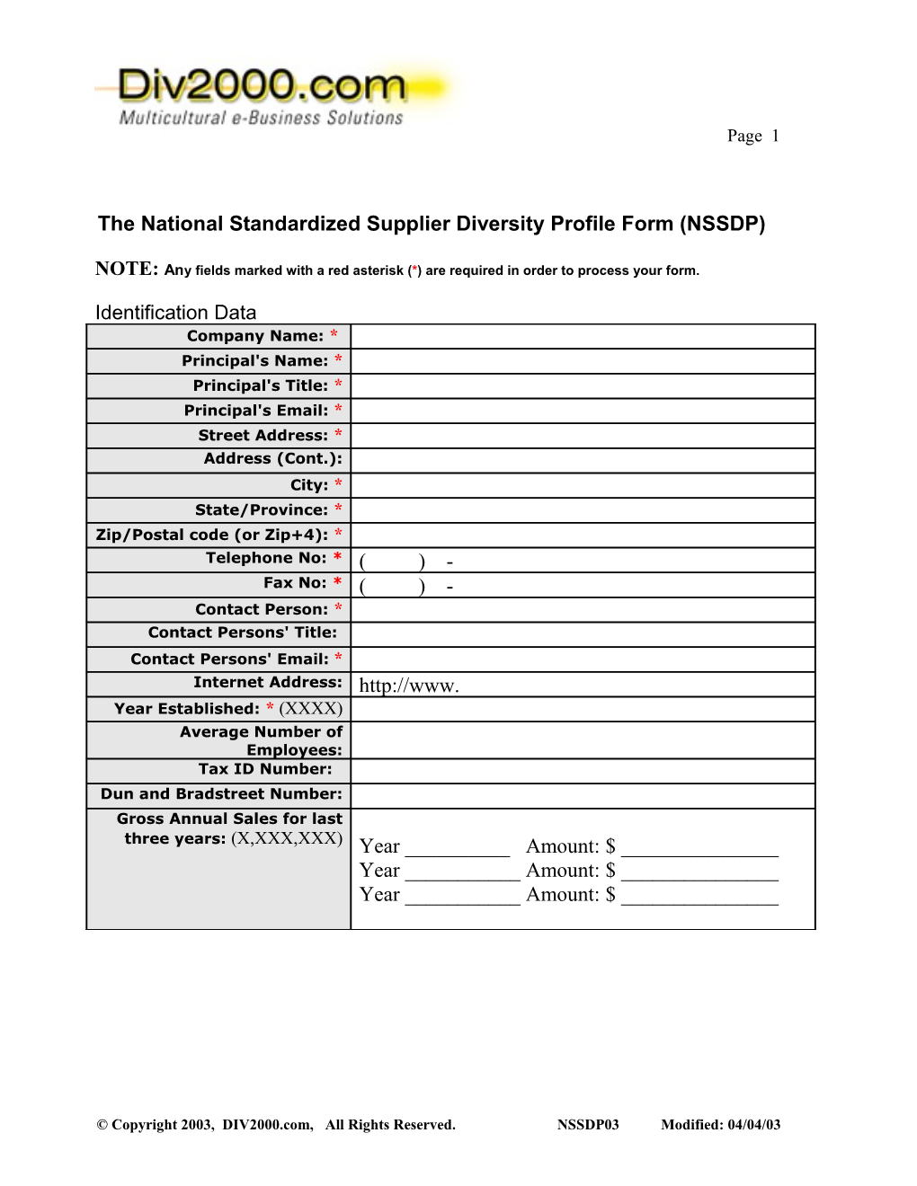 The National Standardized Supplier Diversity Profile Form (NSSDP)