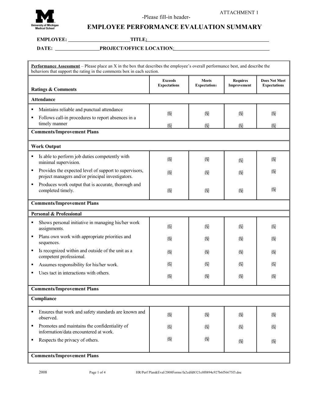 Performance Assessment Please Place an X in the Box That Describes the Employee S Overall