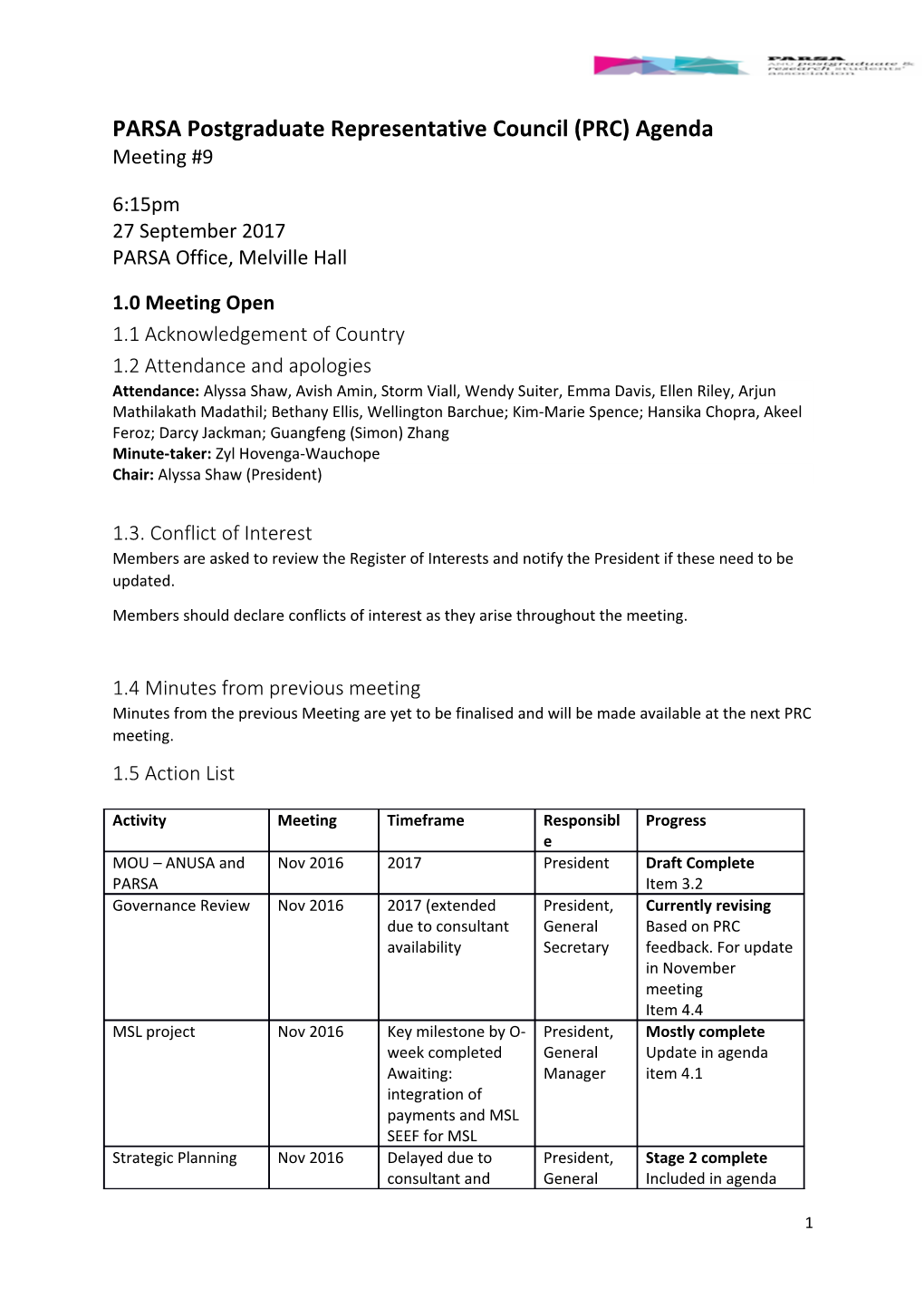 PARSA Postgraduate Representative Council (PRC) Agenda