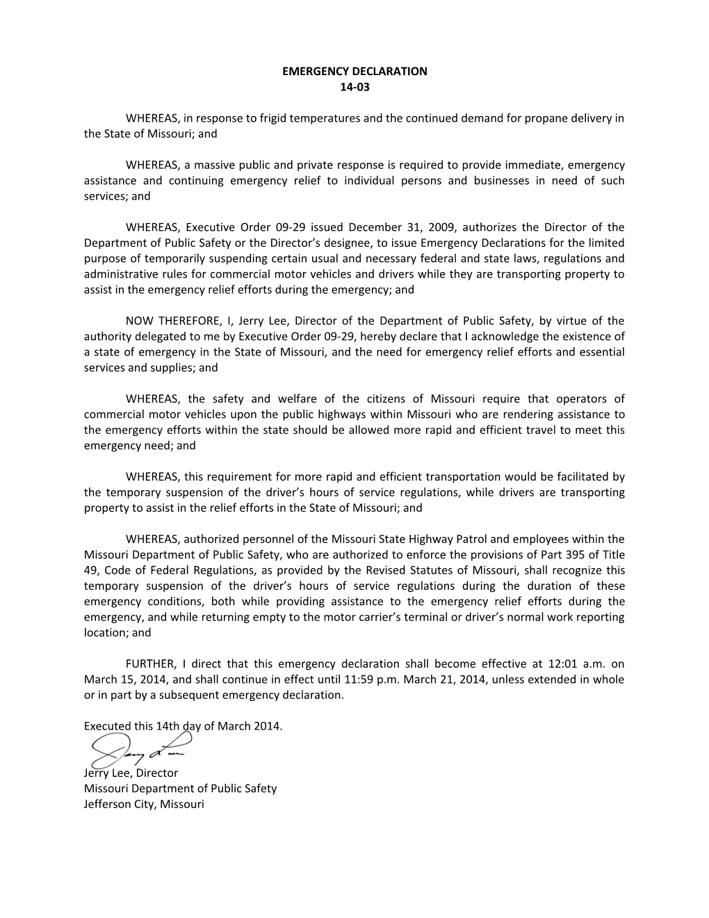 Emergency Declaration Cover Letter
