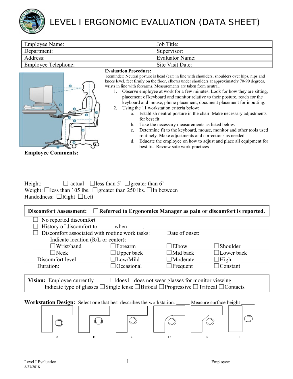 Level I Ergonomic Evaluation (Data Sheet)