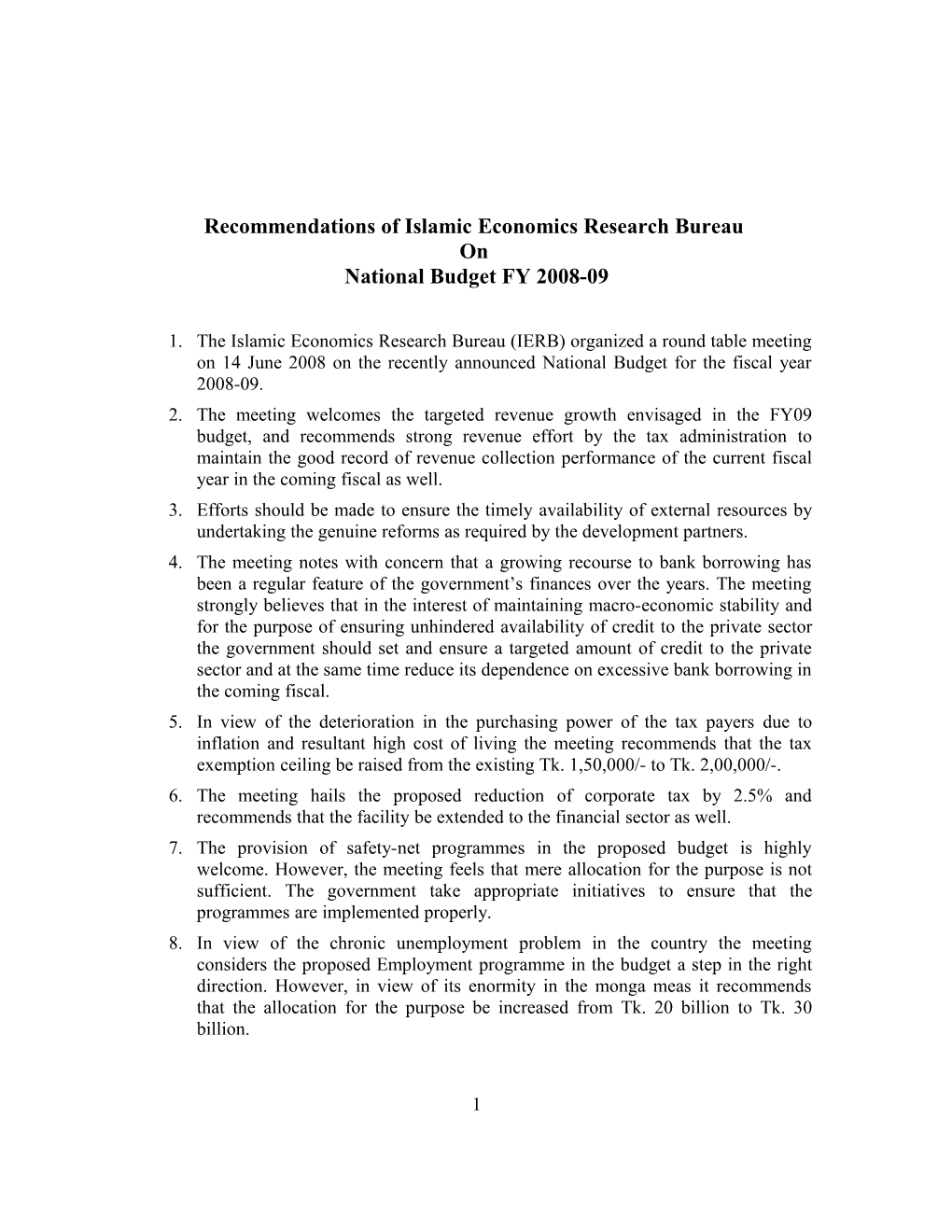 Recommendations of Islamic Economics Research Bureau