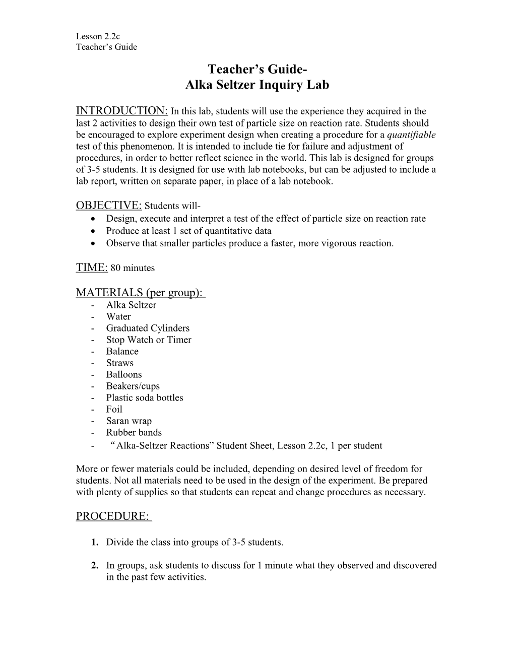 Alka Seltzer Inquiry Lab