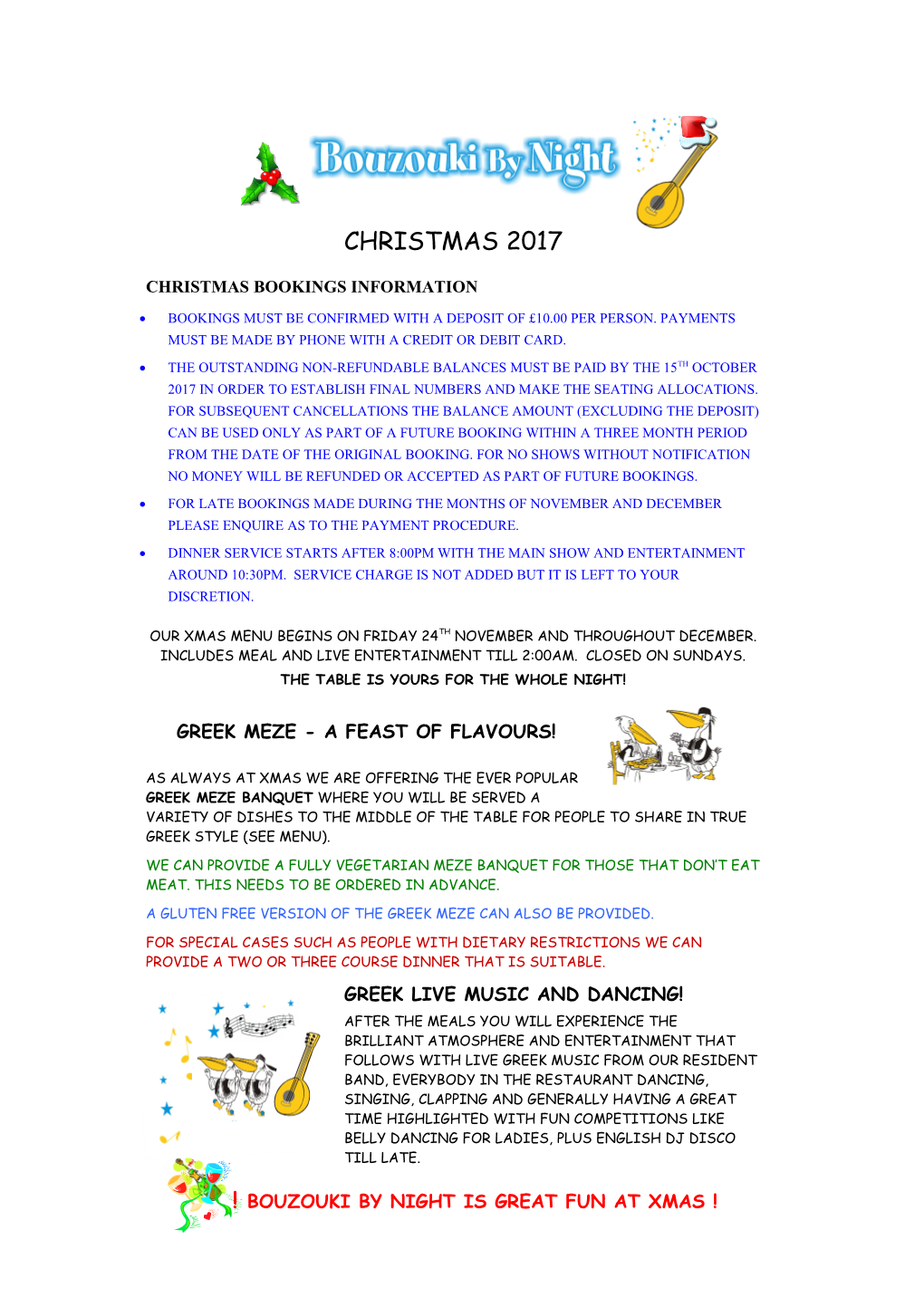 Christmas Bookings Information