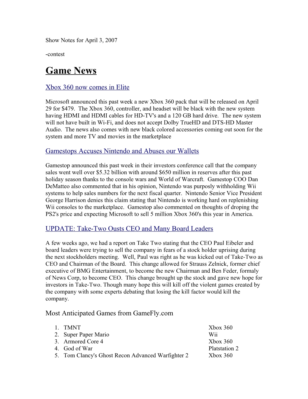 Show Notes for April 3, 2007