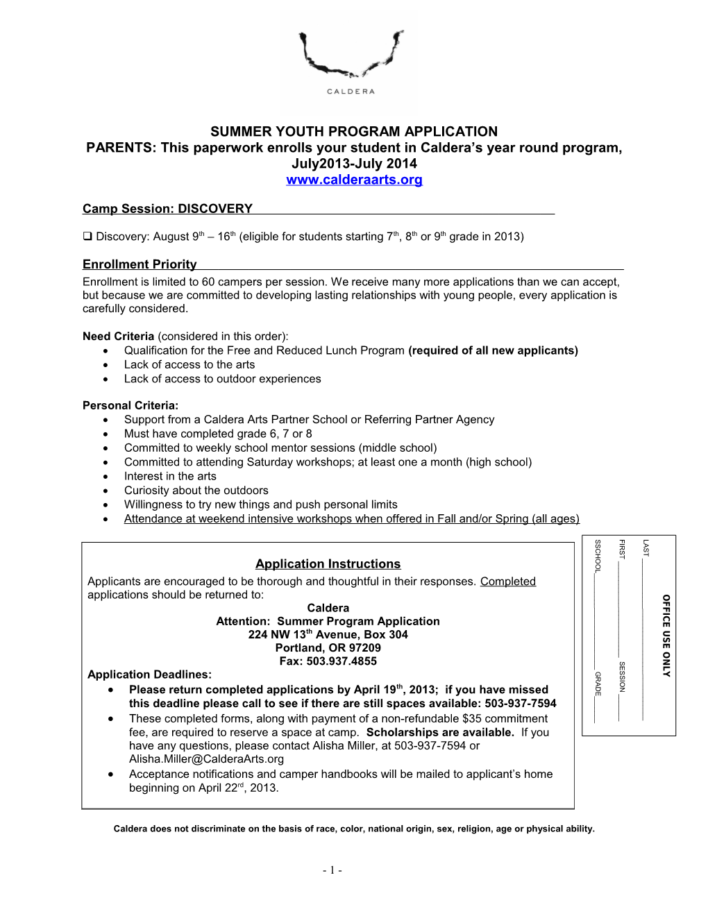 Summer Youth Program Application