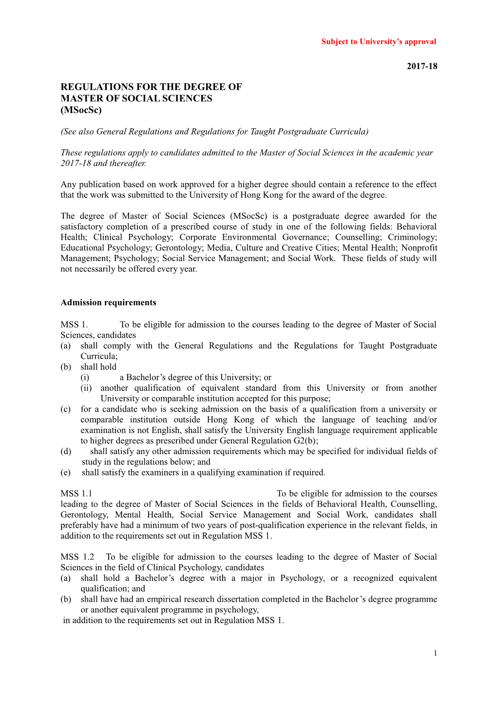 Regulations for the Degree Of s1