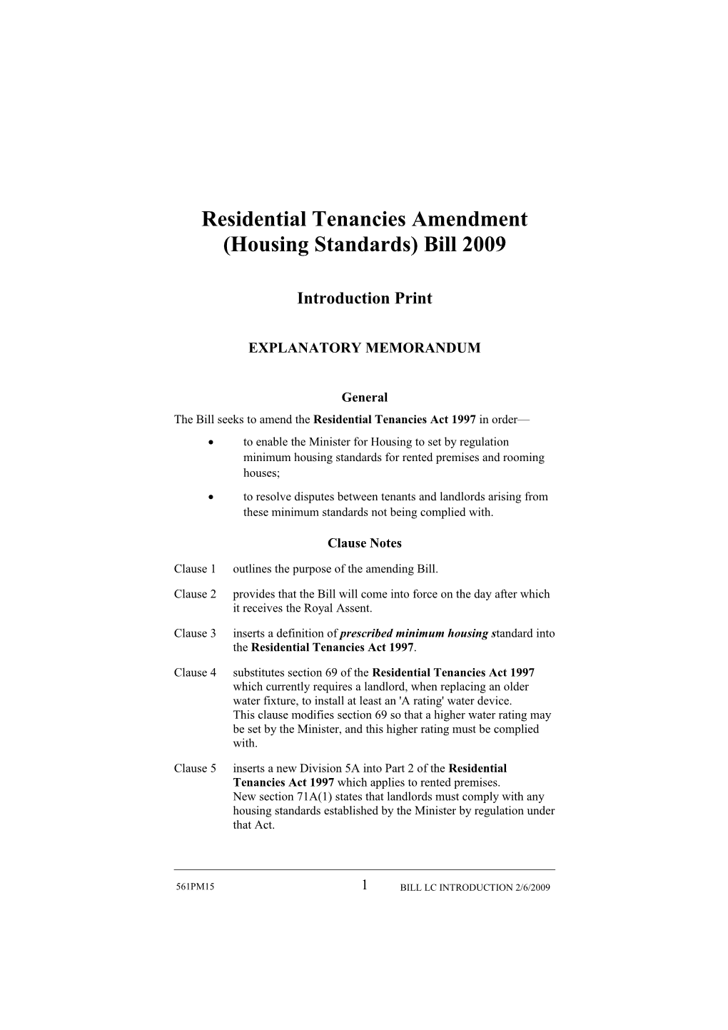 Residential Tenancies Amendment (Housing Standards) Bill 2009