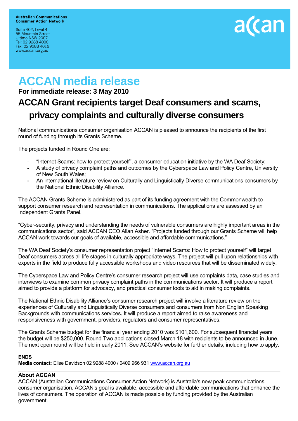 ACCAN Media Release