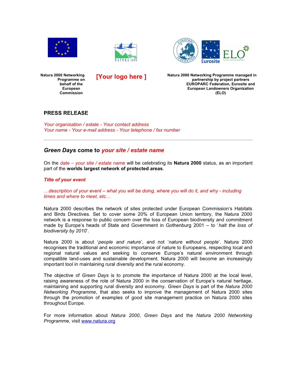 Natura 2000 Networking Programme on Behalf of the European Commission