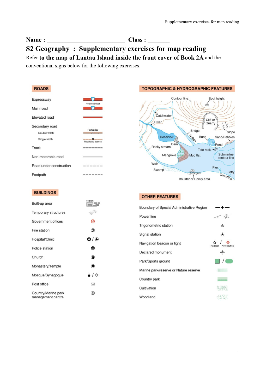 S2 Geography : Supplementary Exercises for Map Reading