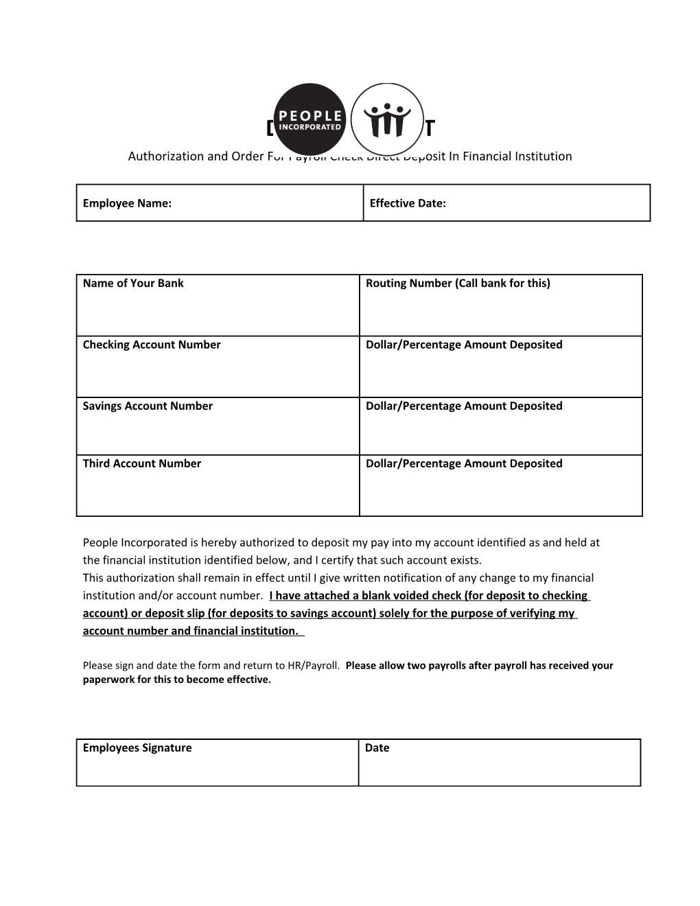 Authorization and Order for Payroll Check Direct Deposit in Financial Institution