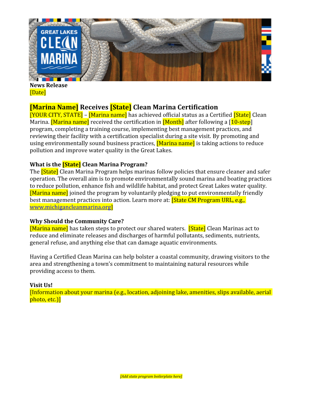 Marina Name Receives State Clean Marina Certification