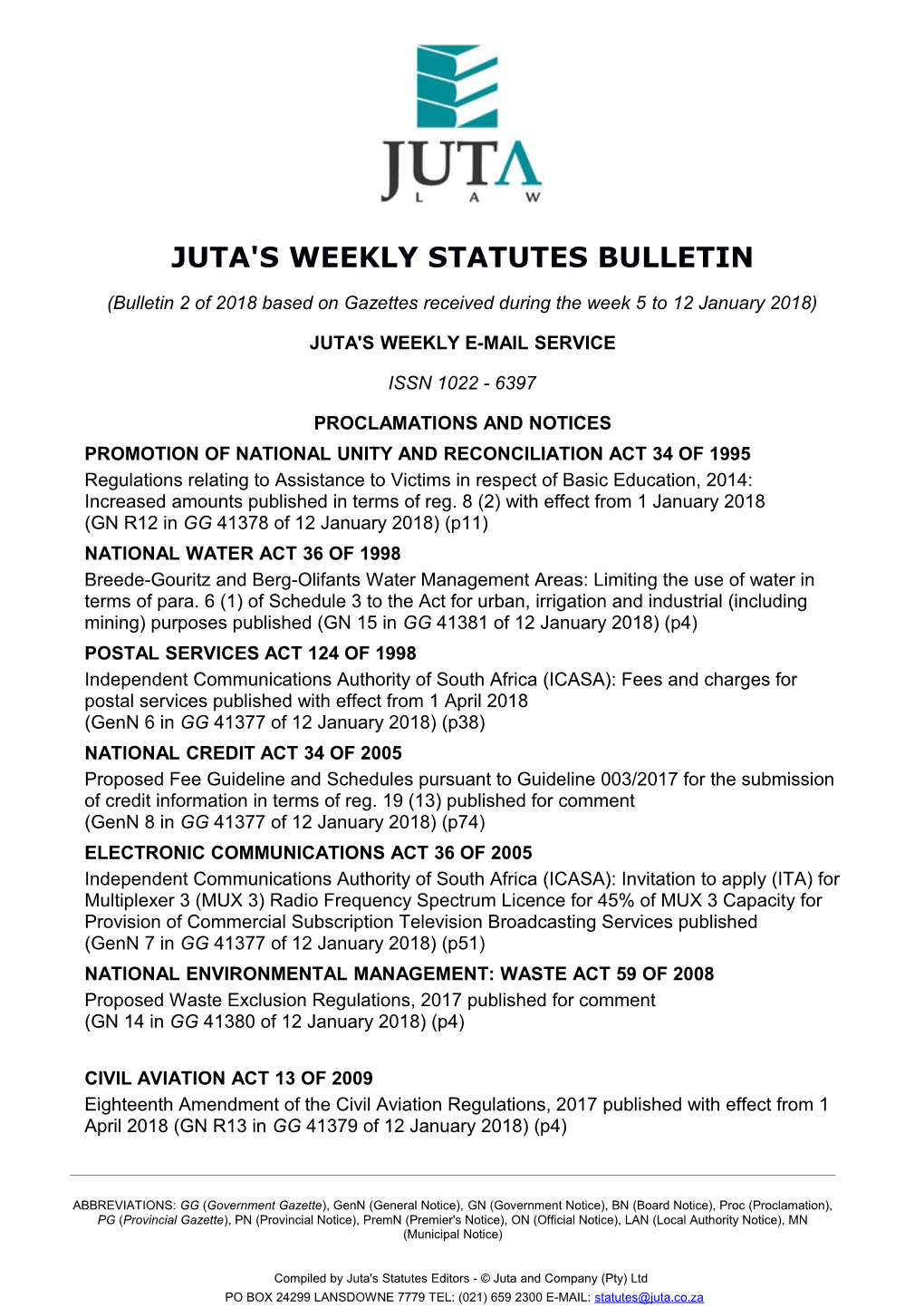 Juta's Weekly Statutes Bulletin s1