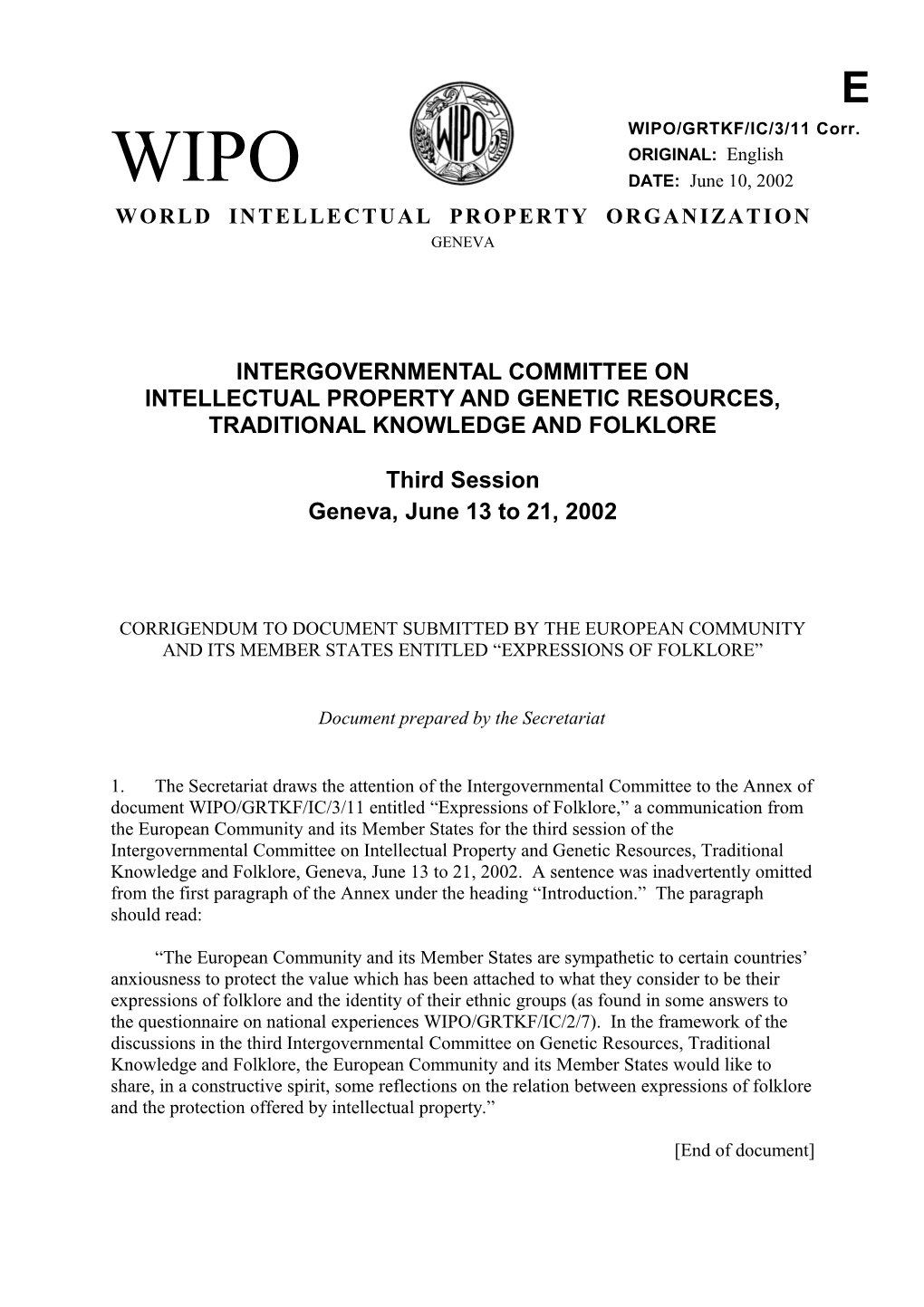 WIPO/GRTKF/IC/3/11 CORR.: Corrigendum to Document Submitted by the European Community And
