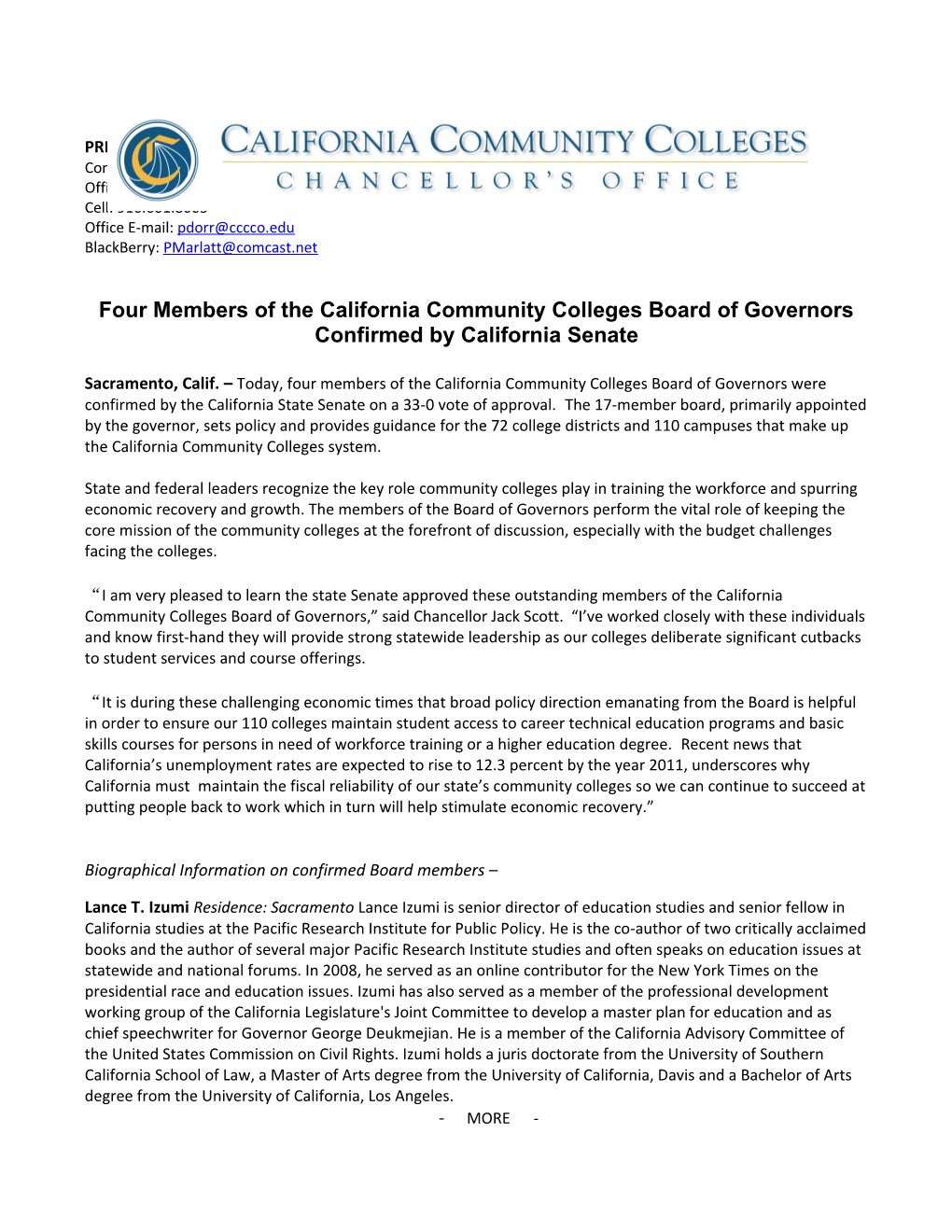 Four Members of the California Community Colleges Board of Governors Confirmed by California