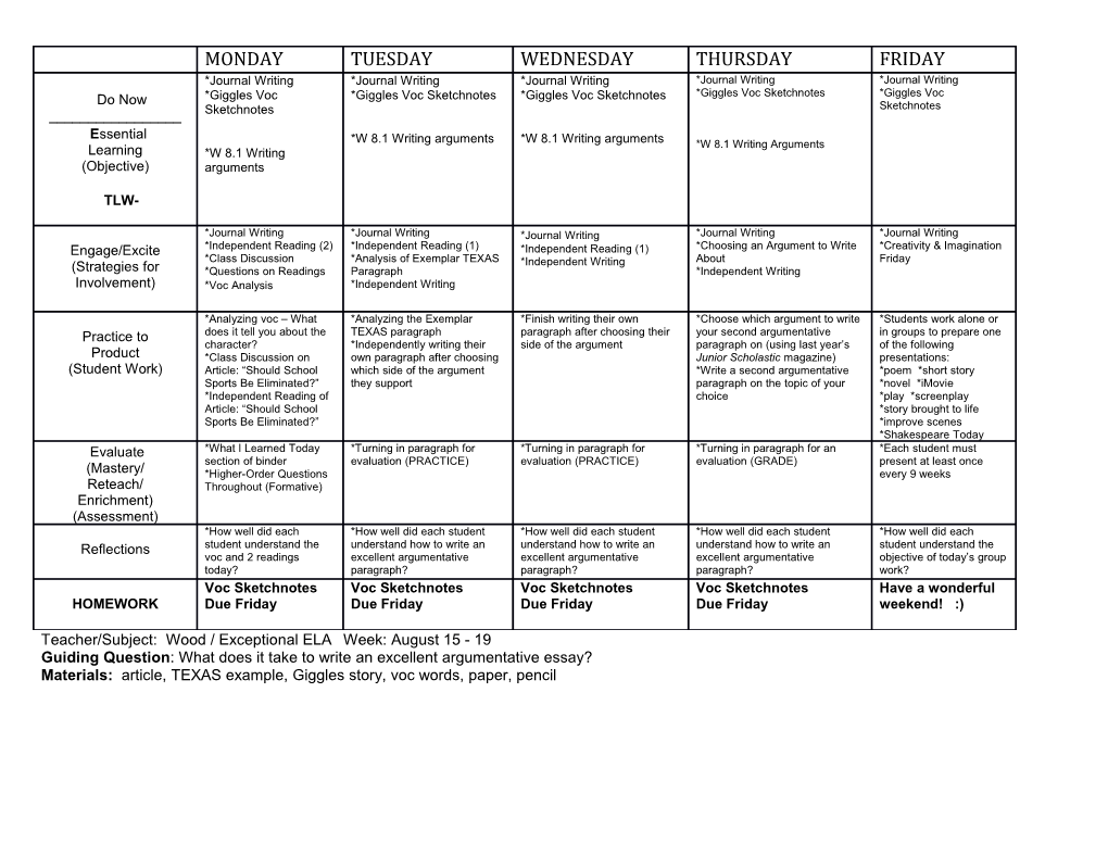 Teacher/Subject: Wood / Exceptional ELA Week: August 15 - 19