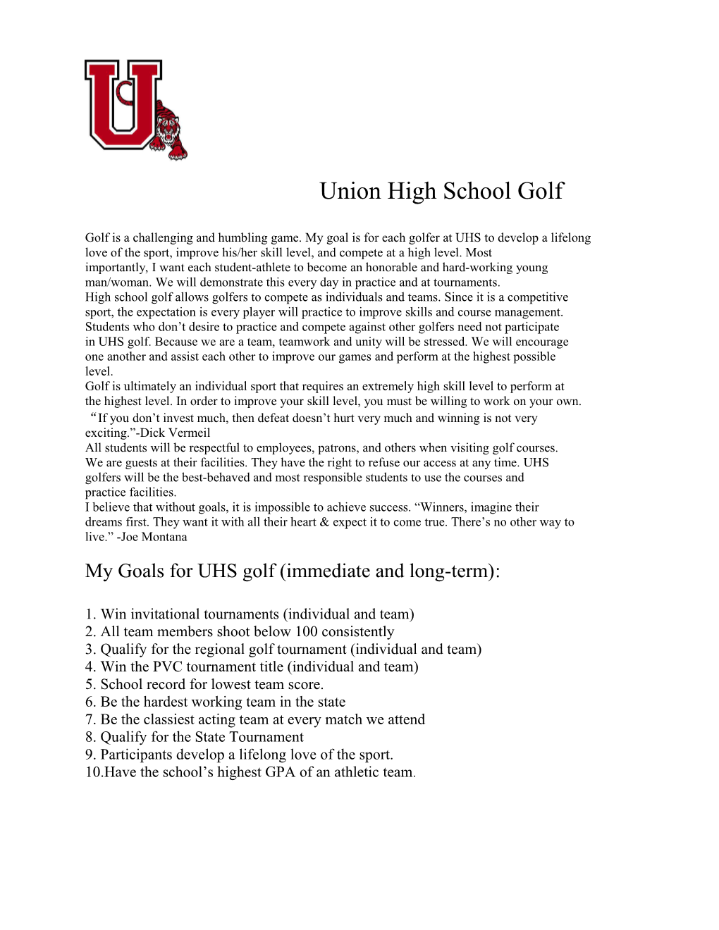 Union High School Golf