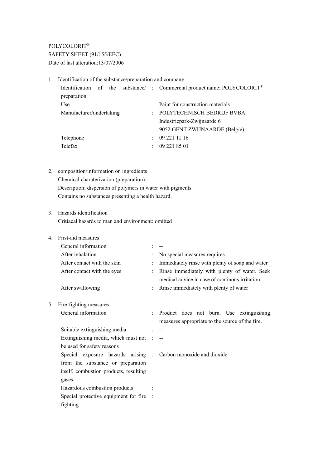 Safety Sheet (91/155/Eec)