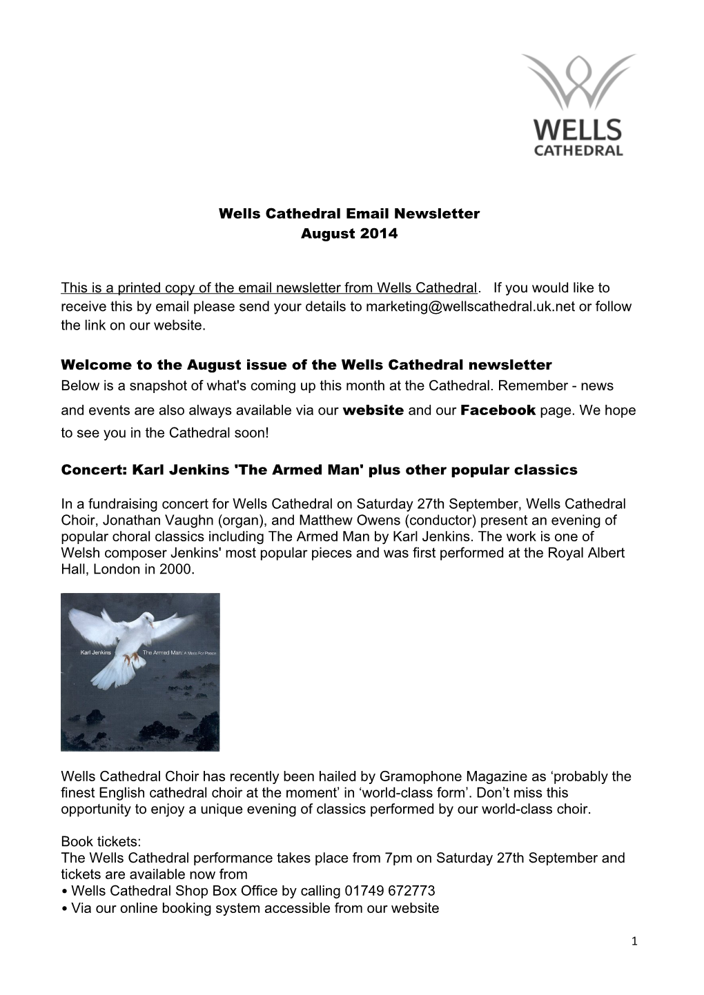 Wells Cathedral Email Newsletter