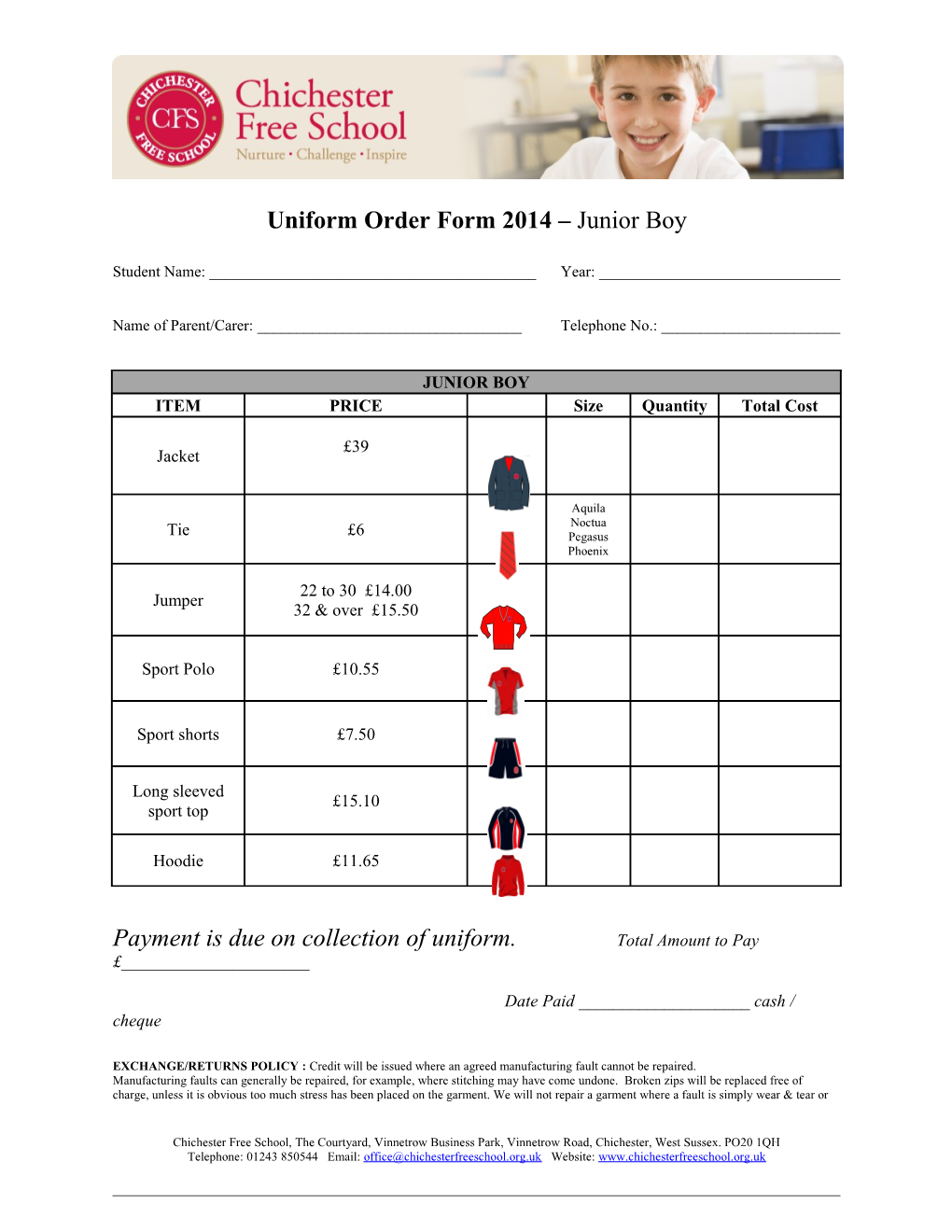 Uniform Order Form 2014 Junior Boy