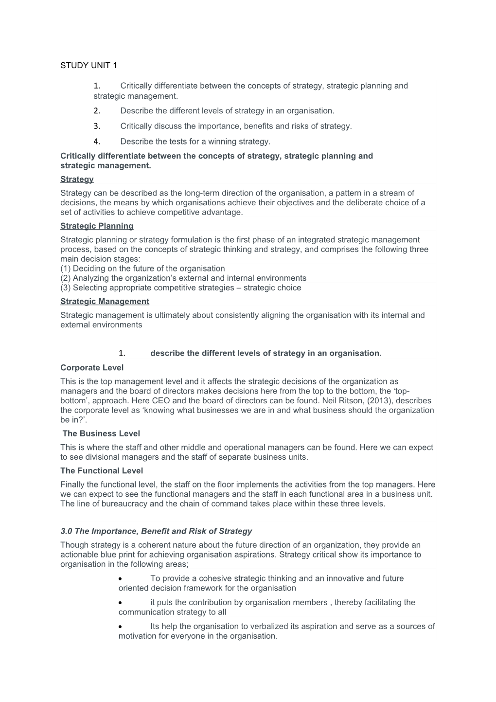 1. Critically Differentiate Between the Concepts of Strategy, Strategic Planning and Strategic