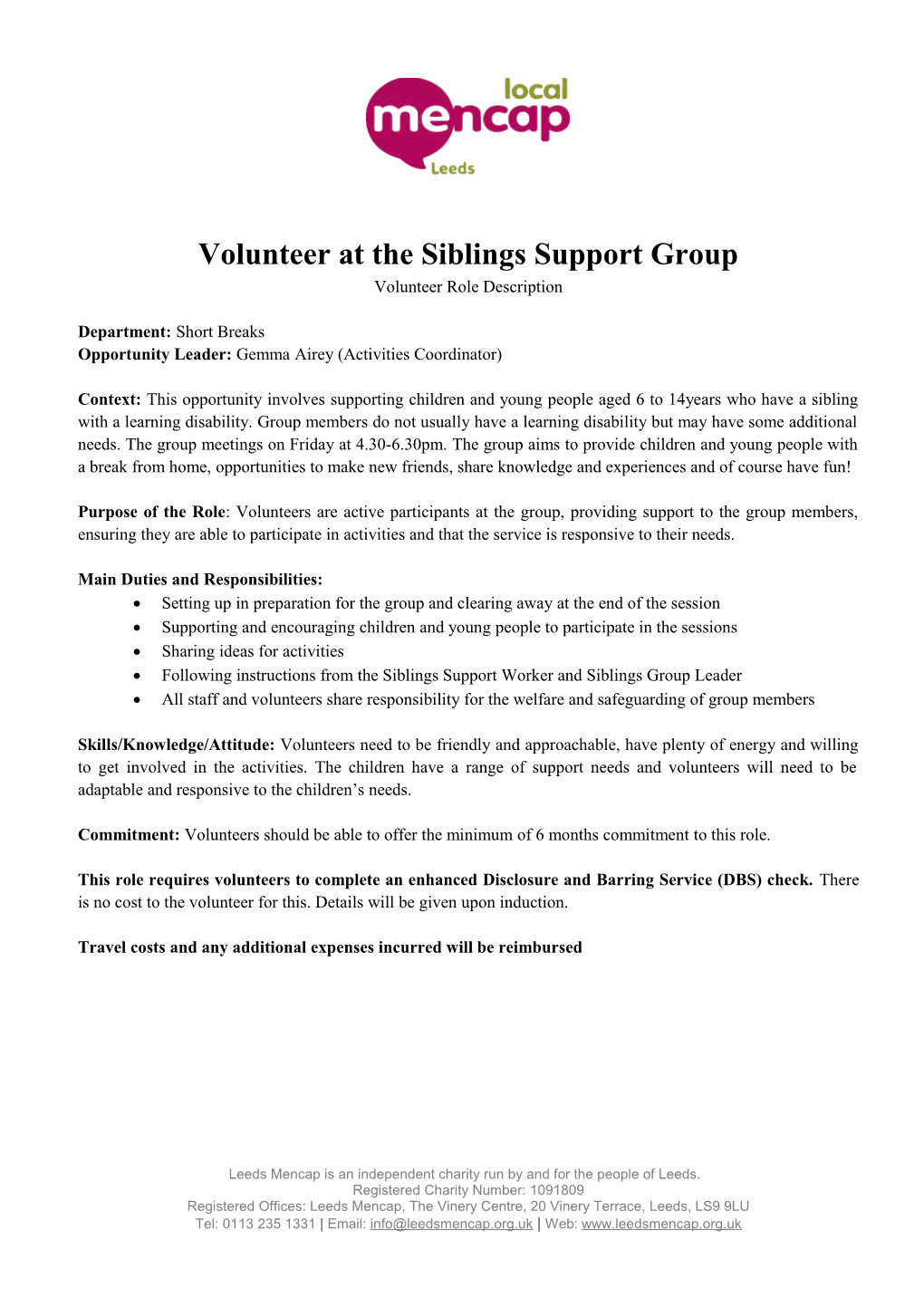 Volunteer at the Siblings Support Group