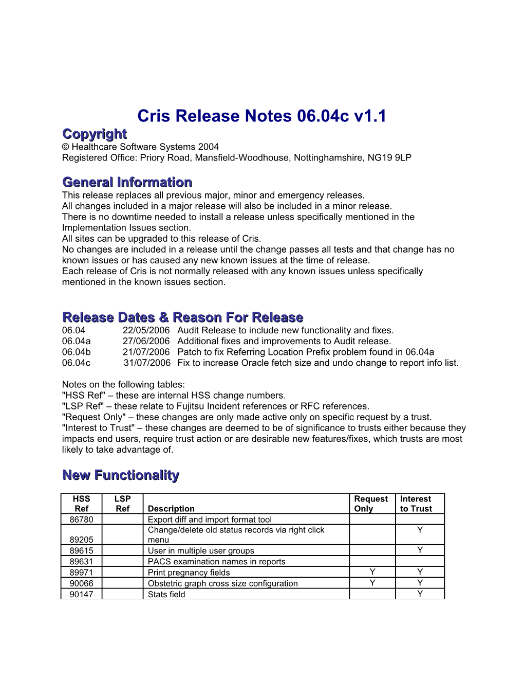 Cris Release Notes 05