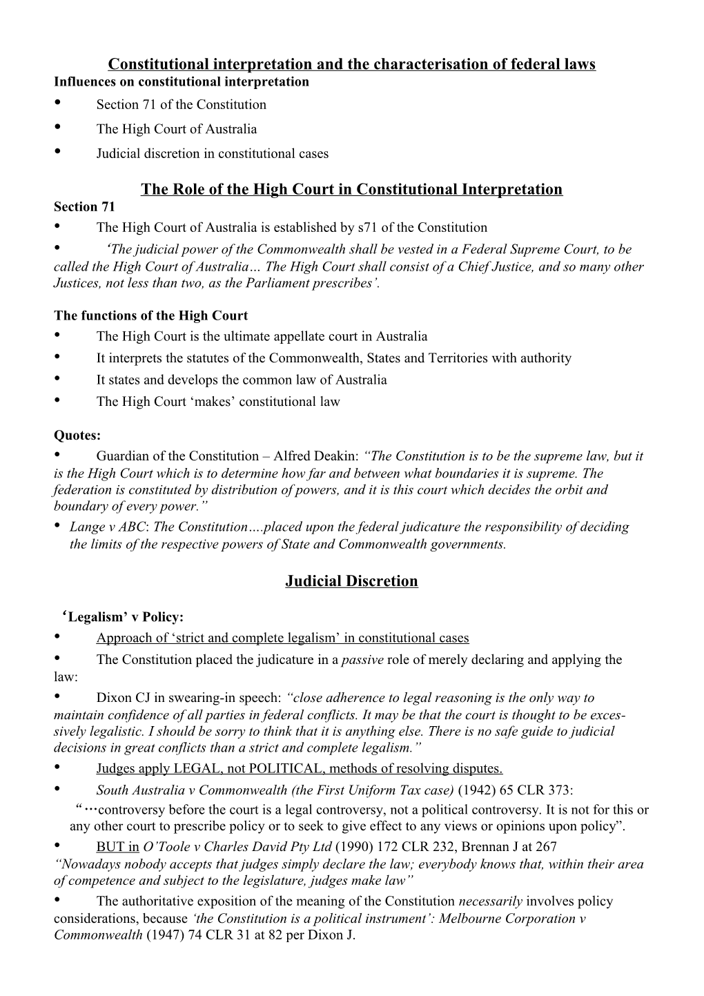 Constitutional Interpretation and the Characterisation of Federal Laws