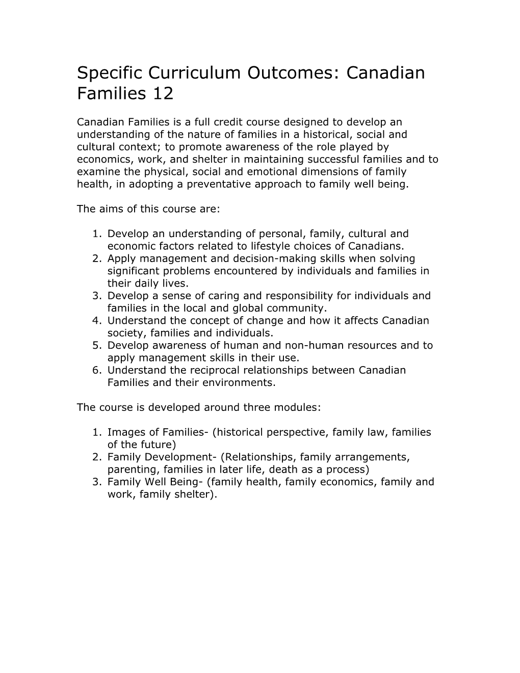 Specific Curriculum Outcomes: Canadian Families 12