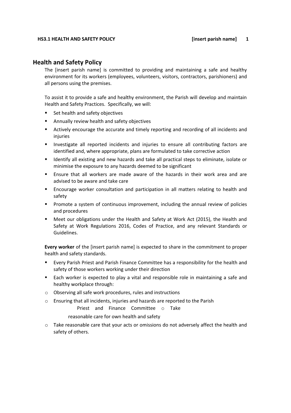 HS3.1 HEALTH and SAFETY POLICY Insert Parish Name 1