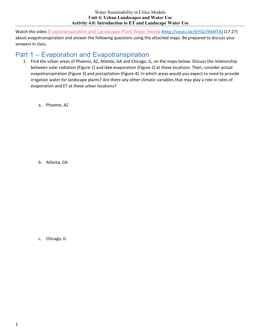 Unit 4: Urban Landscapes and Water Use