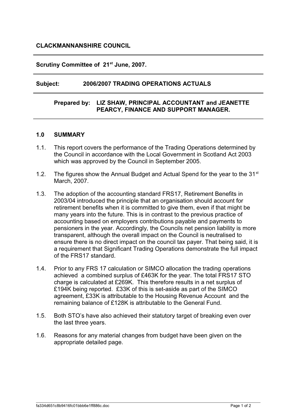 Subject: 2006/2007 TRADING OPERATIONS ACTUALS