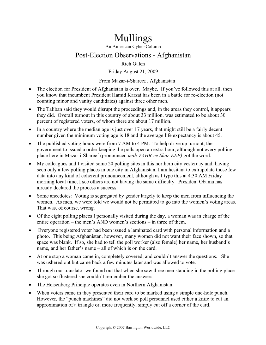Post-Election Observations - Afghanistan