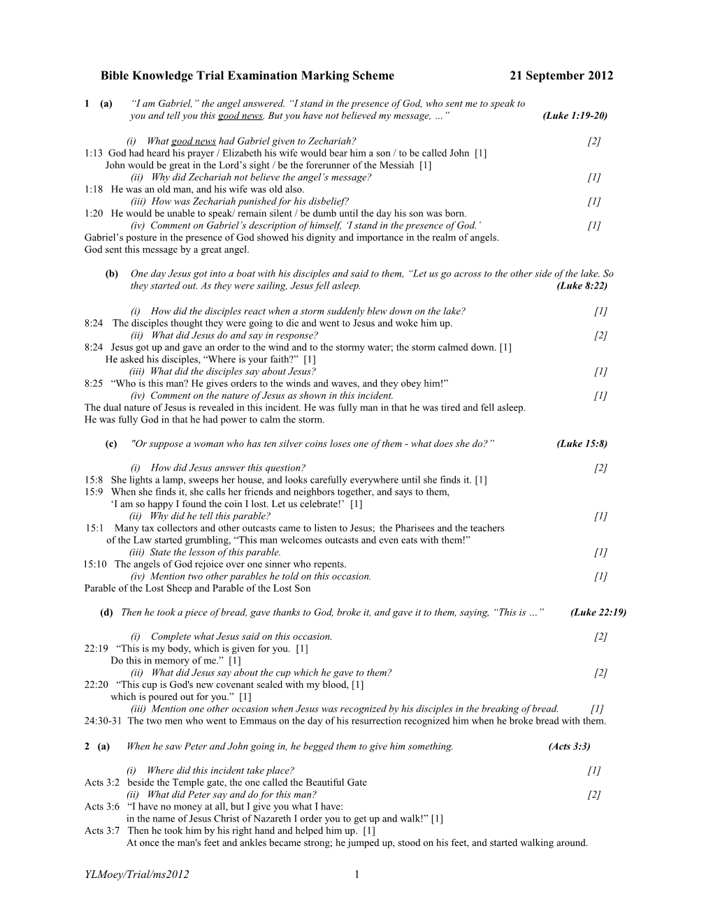 Bible Knowledge Trial Examination Marking Scheme 21 September 2012