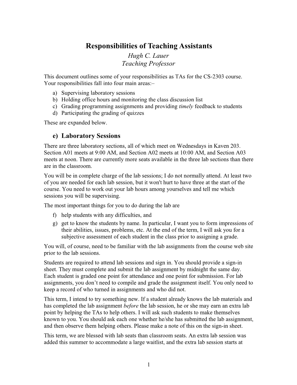 Responsibilities of Teaching and Student Assistants