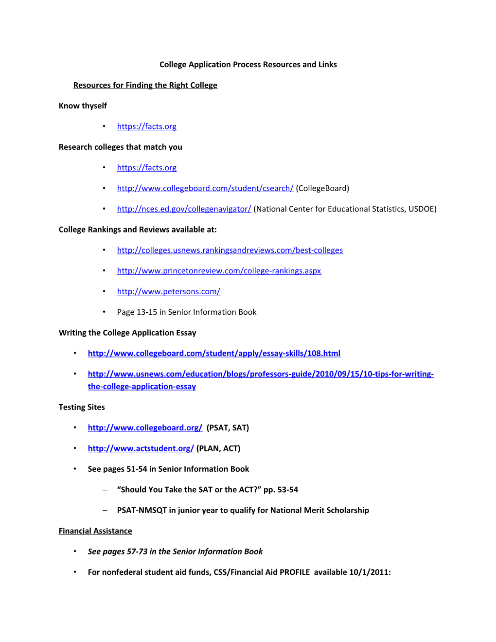 College Application Process Resources and Links